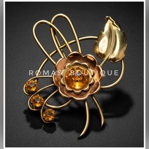 Vintage Harry Iskin Vintage 10k Gold Filled Amber Tone Rhinestone Floral Brooch